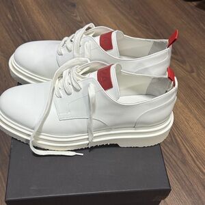White Leather Oxfords with Red Accents